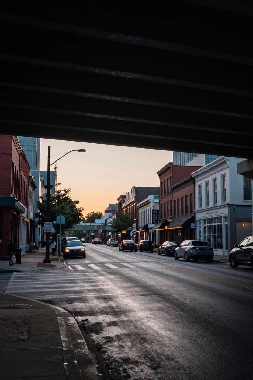 Nashville Tennessee Dawn Street Scene Under Overpass with Vintage 1970s Details in in Nashville, Tennessee, United States