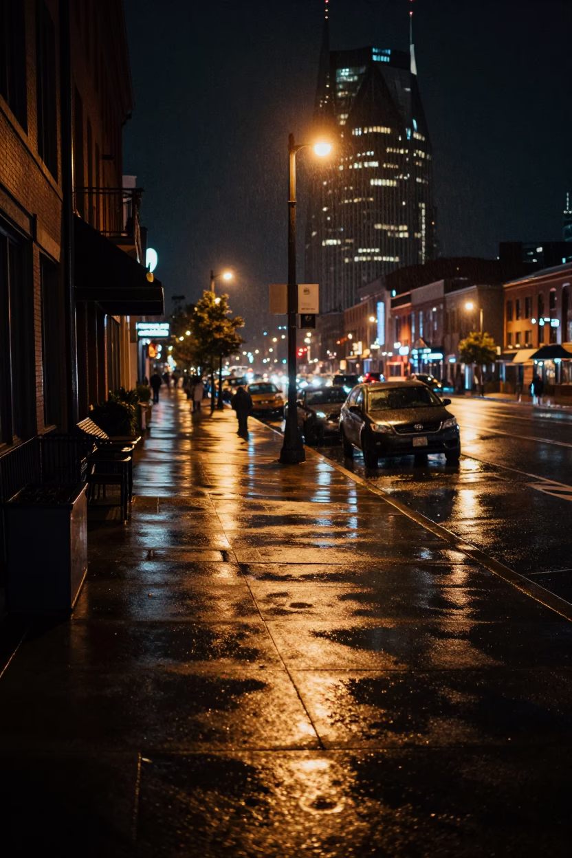 Nashville Tennessee Deep Night Riverfront Street Scene with Wet Pavement Reflections in in Nashville, Tennessee, United States