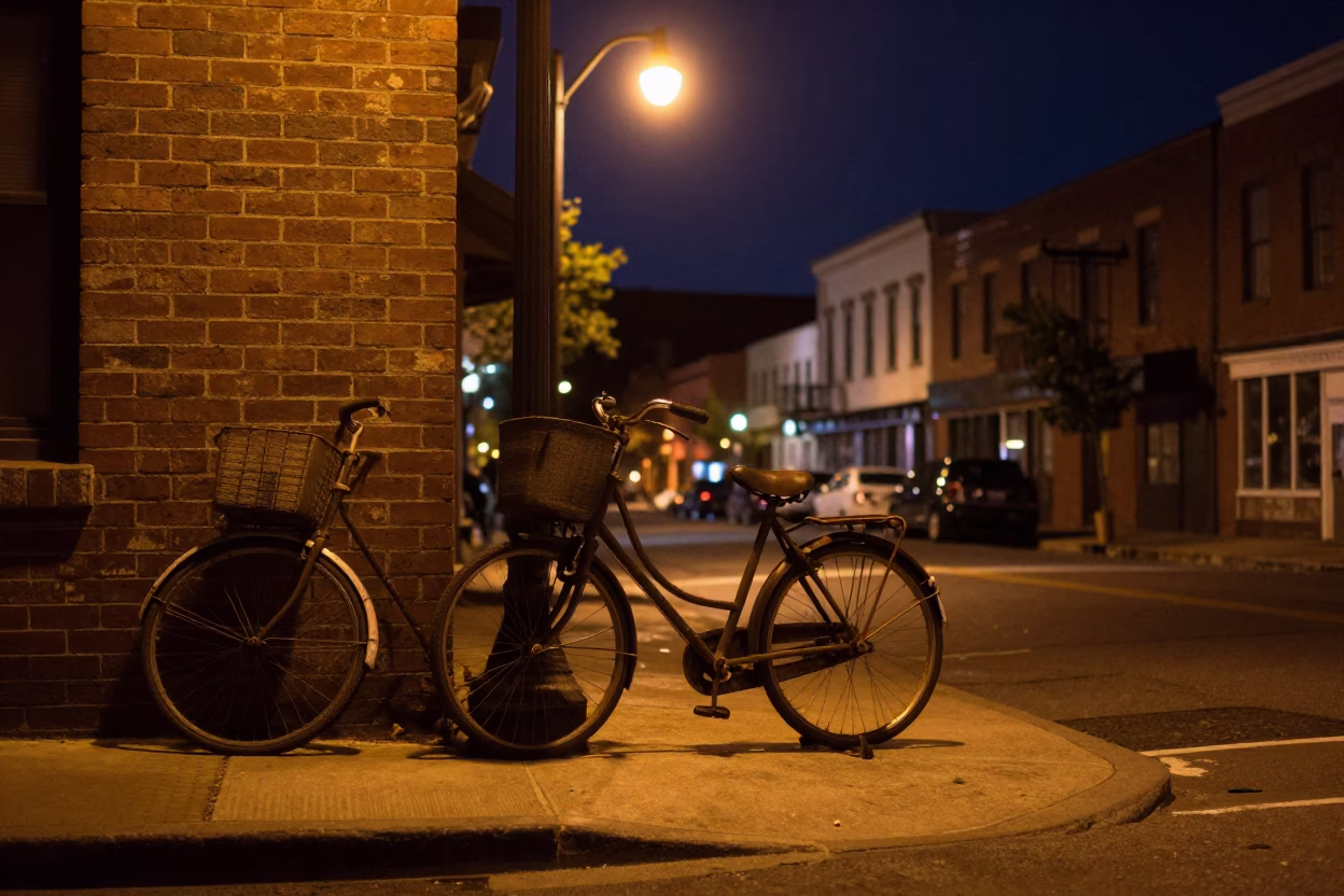 Nashville Tennessee Deep Night Street Scene With Bicycle Basket And Folding Chair in in Nashville, Tennessee, United States