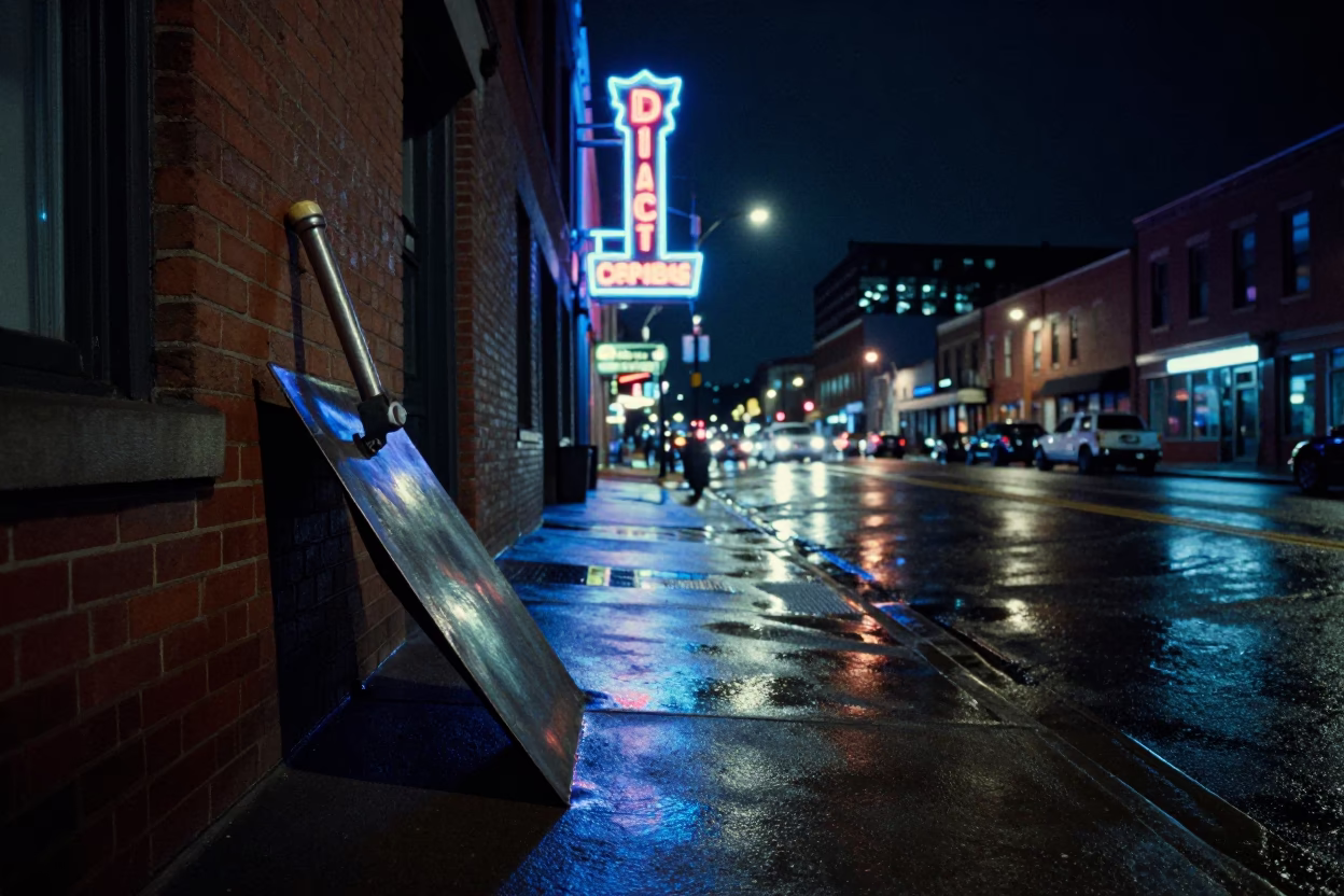 Nashville Tennessee Deep Night Street Scene With Boot Scraper And Puddle Reflections in in Nashville, Tennessee, United States