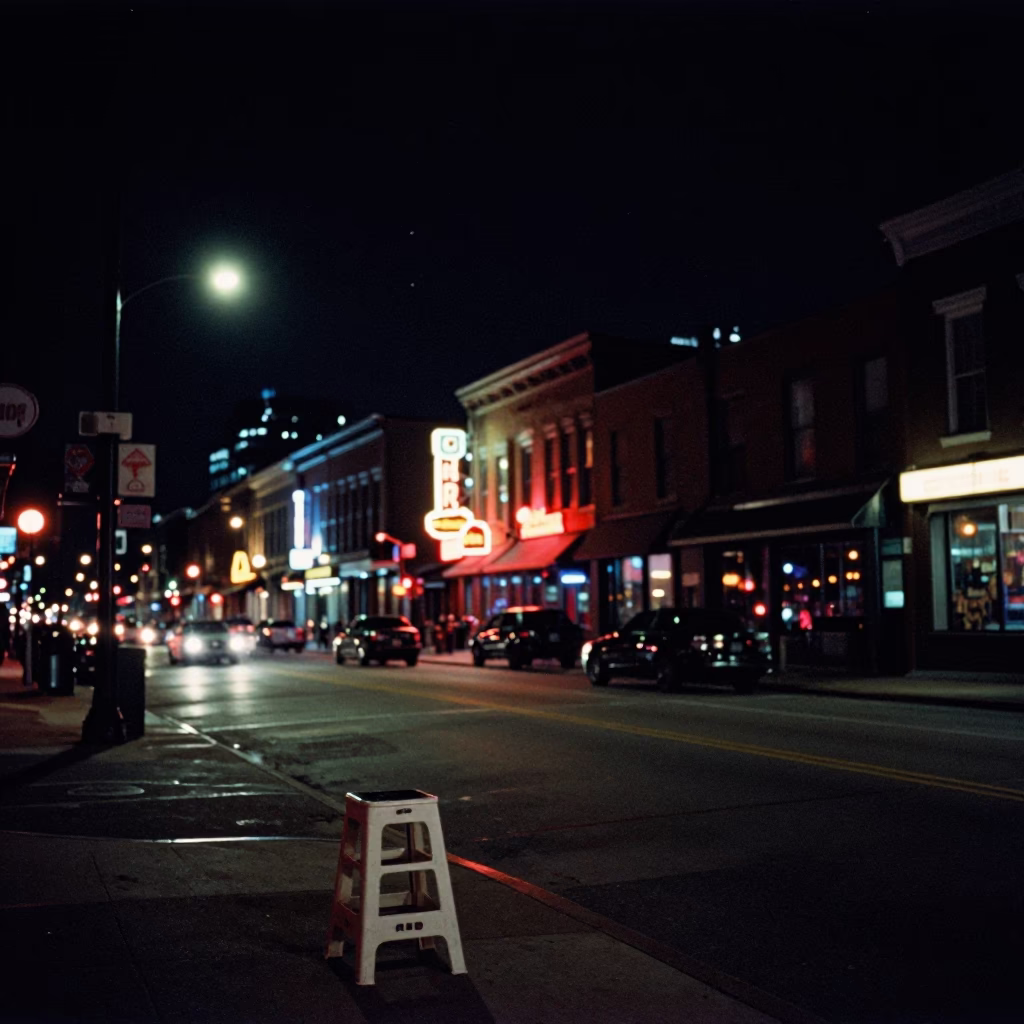 Nashville Tennessee Deep Night Street Scene with Step Stool and Neon Signs in in Nashville, Tennessee, United States