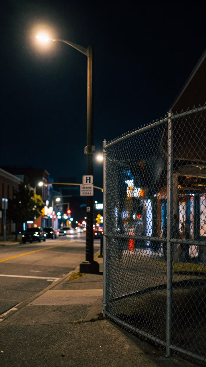 Nashville Tennessee Deep Night Street Scene with Substation Fence and Reflections in in Nashville, Tennessee, United States
