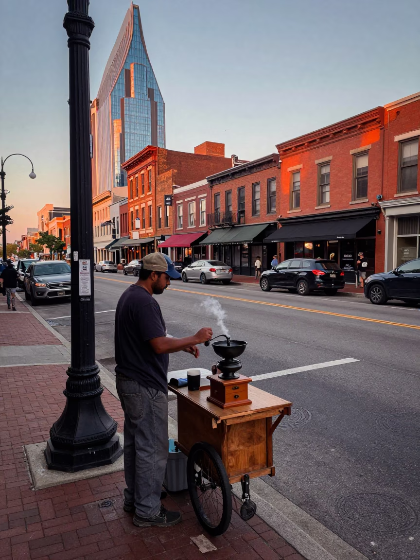 Nashville Tennessee Downtown Street Scene at Nautical Dawn with Vintage Coffee Grinder in in Nashville, Tennessee, United States