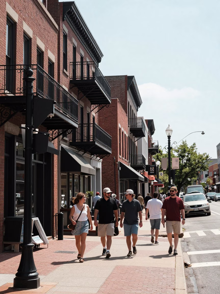 Nashville Tennessee Downtown Street Scene Under Flat Noon Sunlight with Local Dining Details in in Nashville, Tennessee, United States