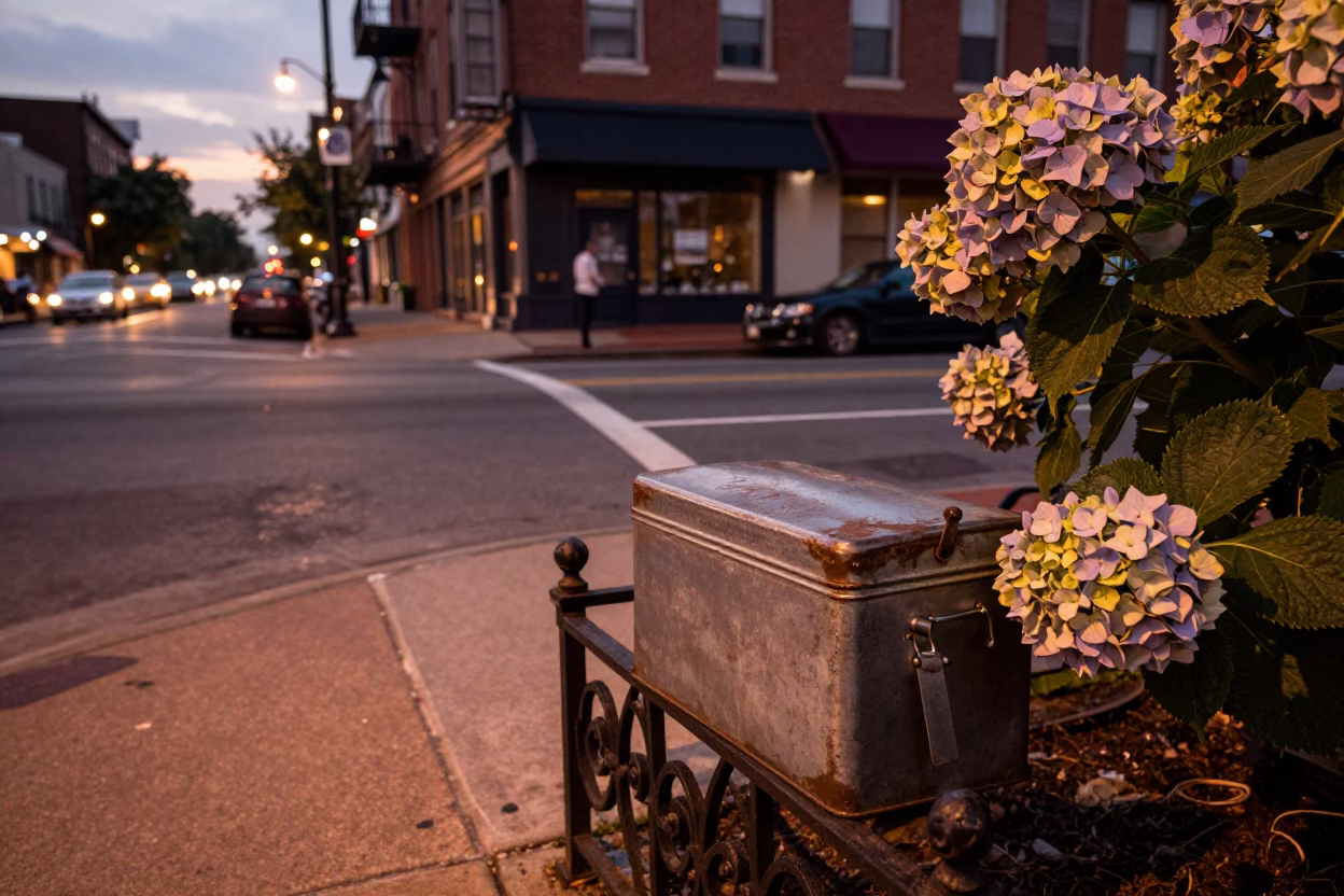 Nashville Tennessee Dusk Street Scene with Tin Box and Hydrangea Bush in in Nashville, Tennessee, United States