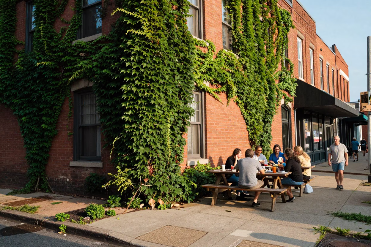 Nashville Tennessee Early Afternoon Street Scene with Ivy Brick Wall and Casual Diner Interaction in in Nashville, Tennessee, United States