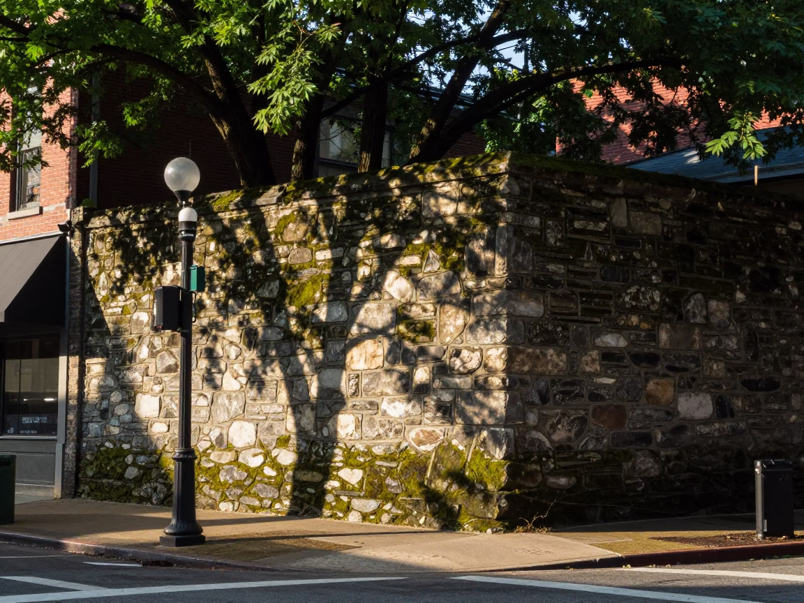 Nashville Tennessee Early Afternoon Street Scene with Moss Stone Wall and Vintage Plate in in Nashville, Tennessee, United States