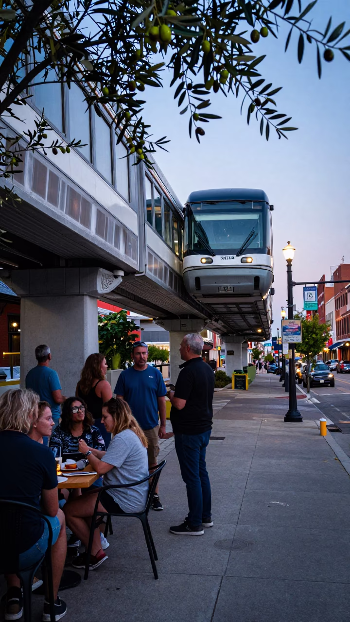 Nashville Tennessee Early Evening Monorail Street Scene with Olives and Motorcycle in in Nashville, Tennessee, United States