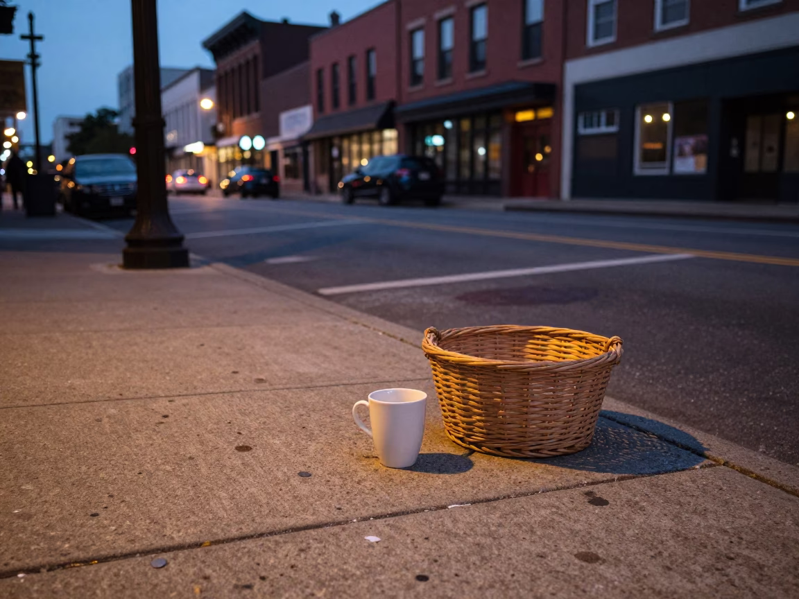 Nashville Tennessee Early Evening Street Scene with Cup and Basket on Sidewalk in in Nashville, Tennessee, United States