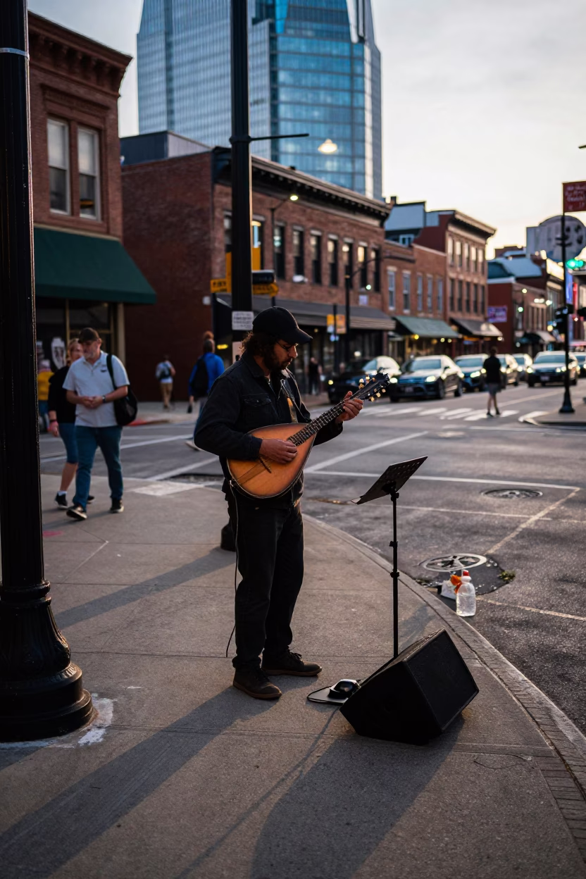 Nashville Tennessee Early Evening Street Scene with Mandolin Player and Local Crowd in in Nashville, Tennessee, United States
