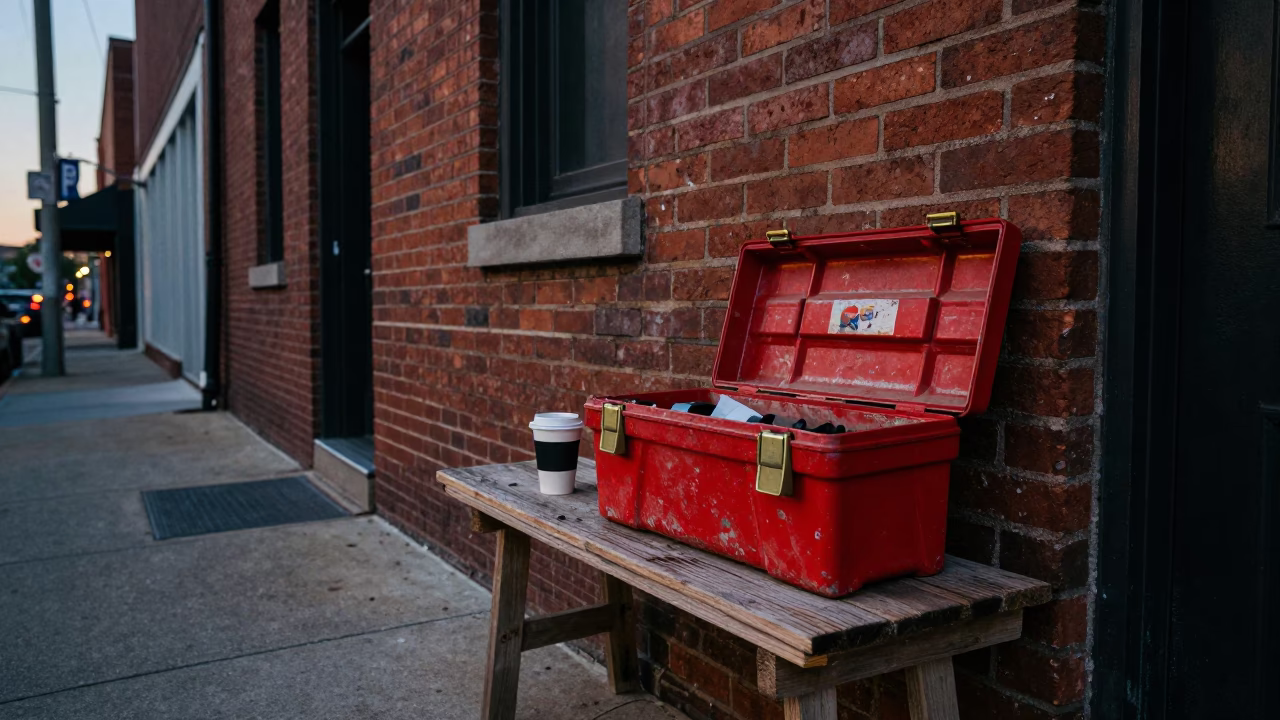 Nashville Tennessee Early Evening Street Scene with Toolbox and Coffee Cup in in Nashville, Tennessee, United States