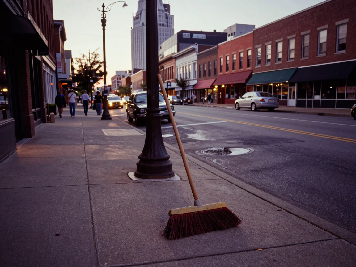 Nashville Tennessee Early Evening Street Scene with Vintage Broom and Twine in in Nashville, Tennessee, United States