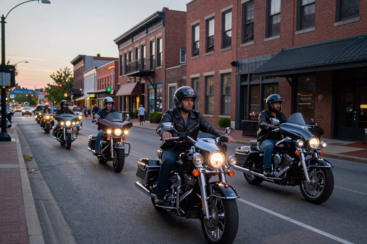 Nashville Tennessee Early Evening Street Scene with Vintage Motorcycle Convoy in in Nashville, Tennessee, United States