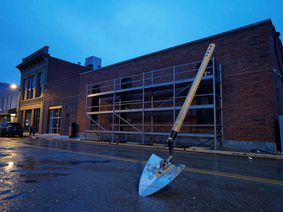 Nashville Tennessee Evening Construction Scene with Mason Trowel and Wet Mortar on Scaffold in in Nashville, Tennessee, United States