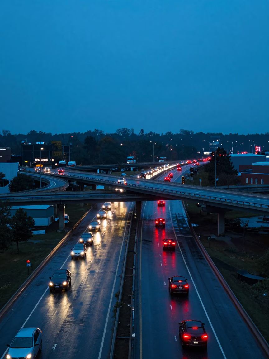Nashville Tennessee Evening Overpass Interchange Taillights Rain Reflections Blue Hour in in Nashville, Tennessee, United States