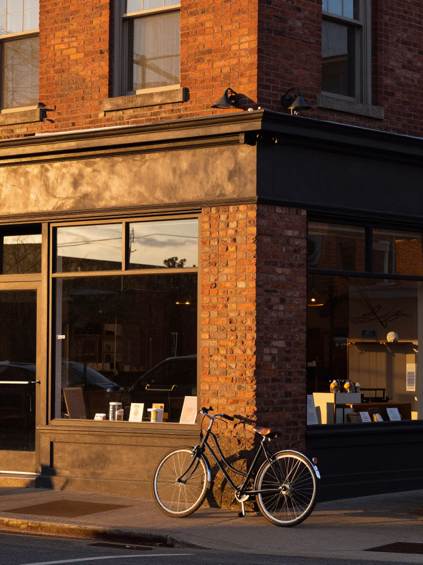 Nashville Tennessee Evening Street Scene with Bicycle and Bakery Facade in in Nashville, Tennessee, United States