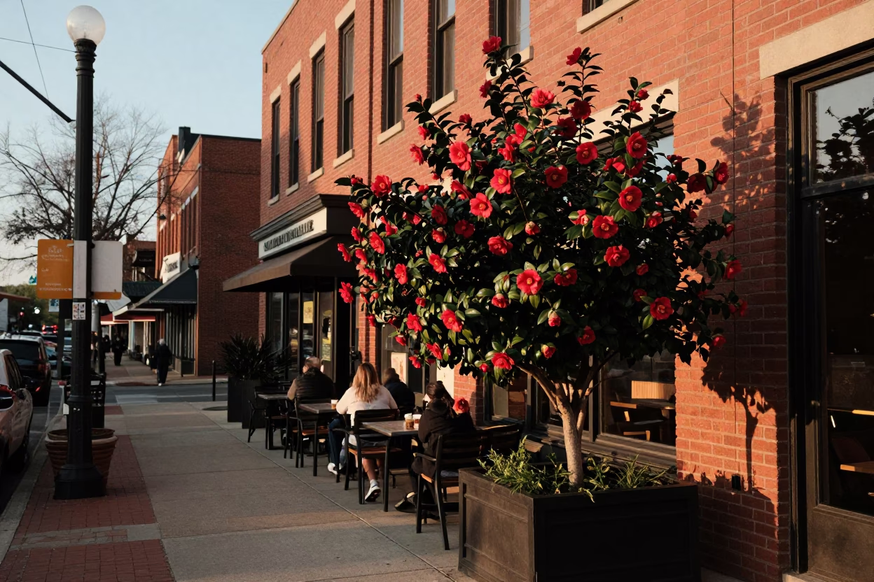 Nashville Tennessee Evening Street Scene with Camellia Bush and Spindle Chair in in Nashville, Tennessee, United States