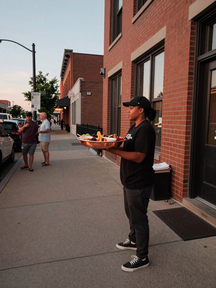 Nashville Tennessee Evening Street Scene with Copper Tray Basket and Local Interaction in in Nashville, Tennessee, United States