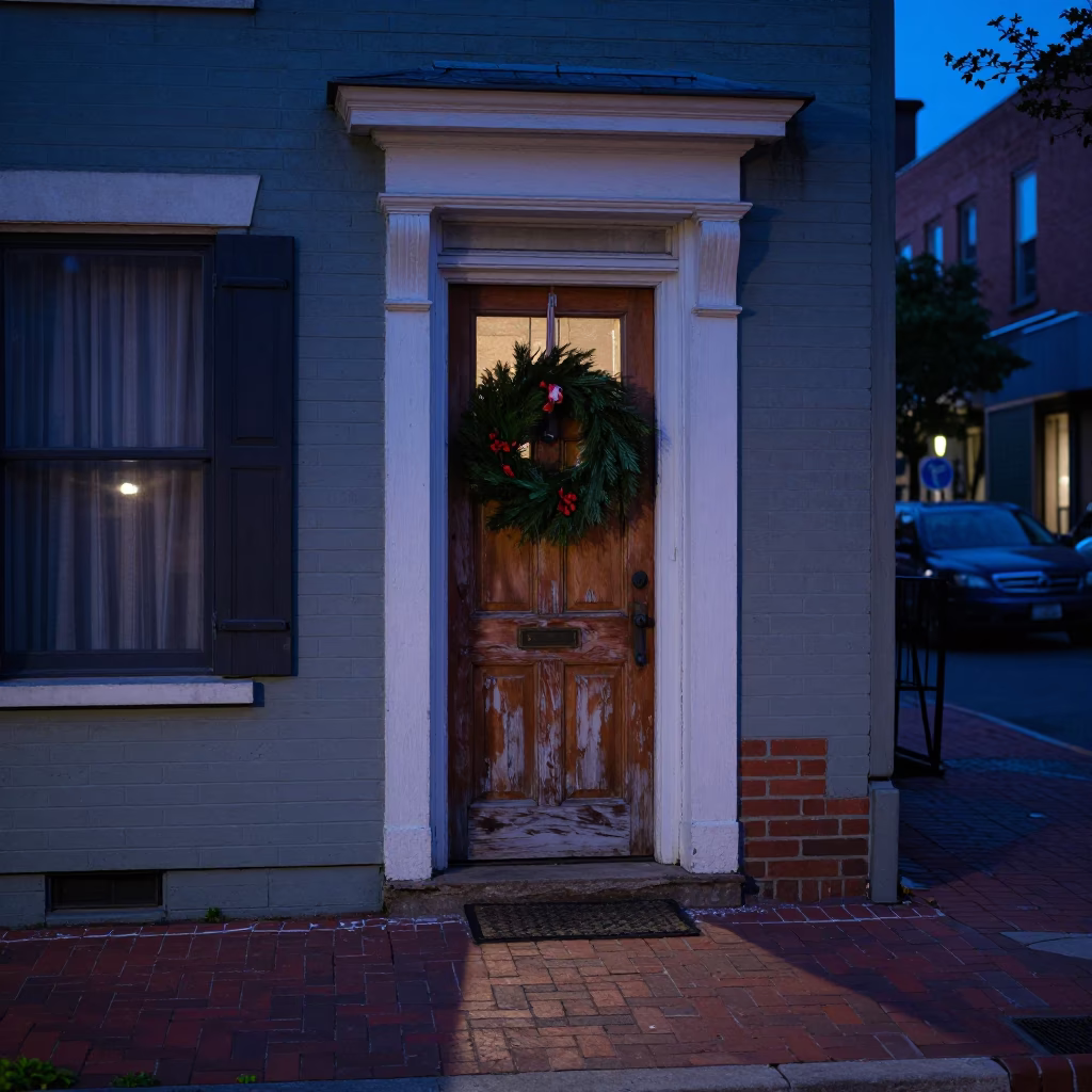 Nashville Tennessee Evening Street Scene with Door Wreaths and Urban Life in in Nashville, Tennessee, United States