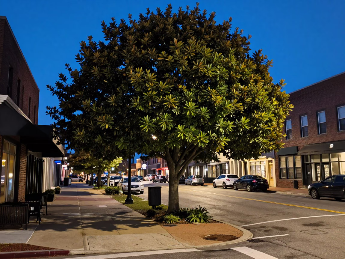 Nashville Tennessee Evening Street Scene with Magnolia Tree and Local Pedestrians in in Nashville, Tennessee, United States
