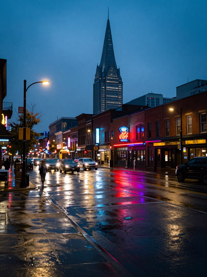 Nashville Tennessee Evening Street Scene with Neon Lights and Local Dining in in Nashville, Tennessee, United States