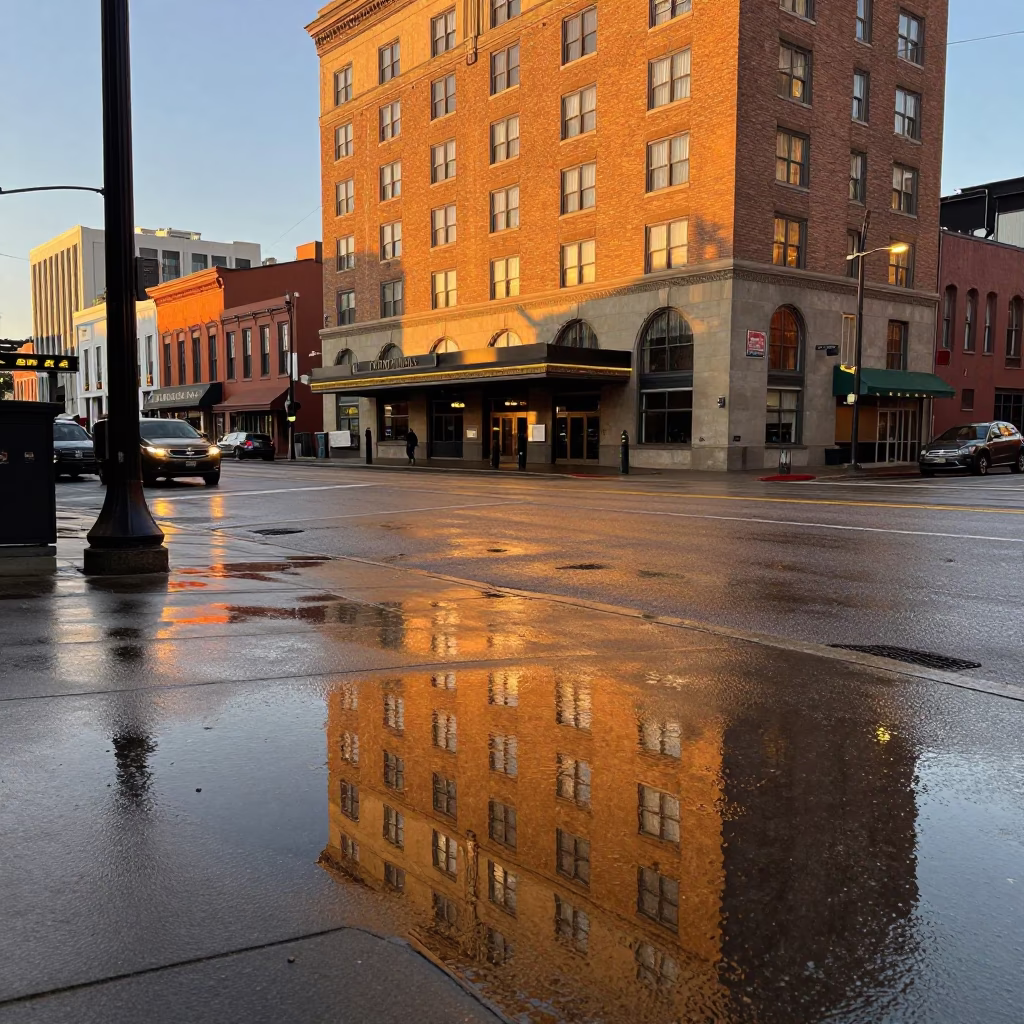 Nashville Tennessee Evening Street Scene with Puddle Reflections and Hotel Windows in in Nashville, Tennessee, United States