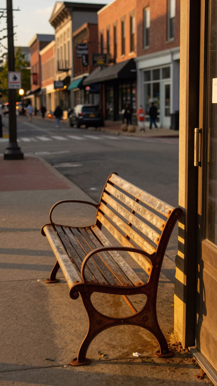 Nashville Tennessee Evening Street Scene with Rusty Bench and Doorframe in in Nashville, Tennessee, United States