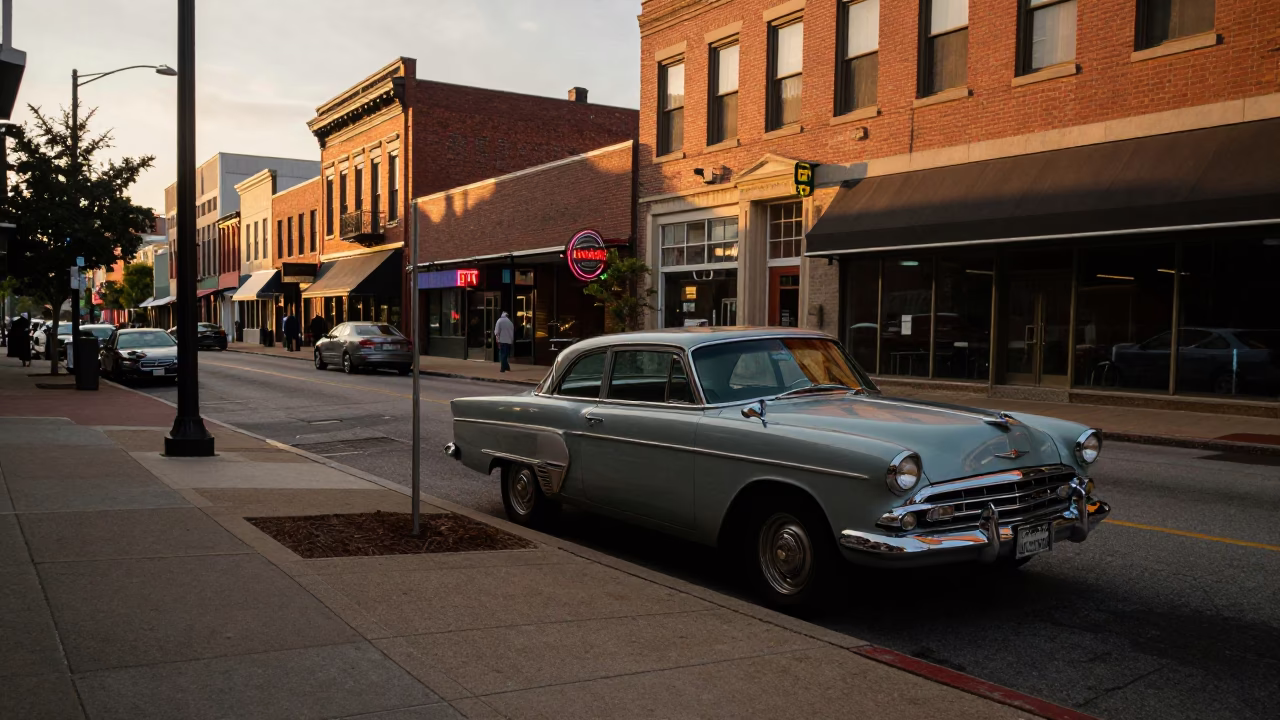 Nashville Tennessee Evening Street Scene with Vintage Cars and Neon Signs in in Nashville, Tennessee, United States