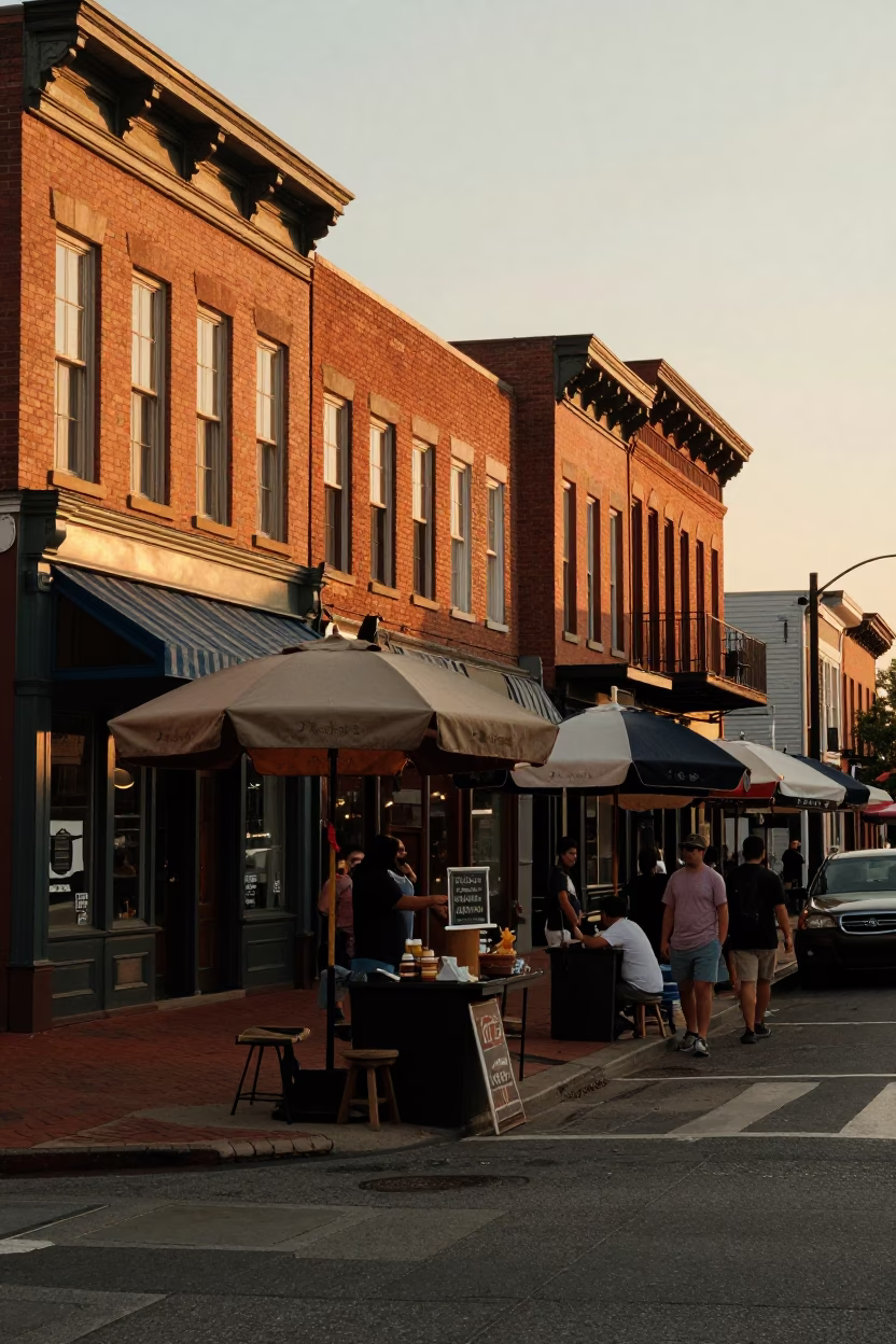 Nashville Tennessee Evening Street Scene with Vintage Umbrellas and Local Architecture in in Nashville, Tennessee, United States