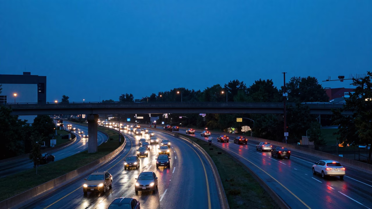 Nashville Tennessee Evening Traffic Overpass Interchange Glowing Taillights After Rain in in Nashville, Tennessee, United States