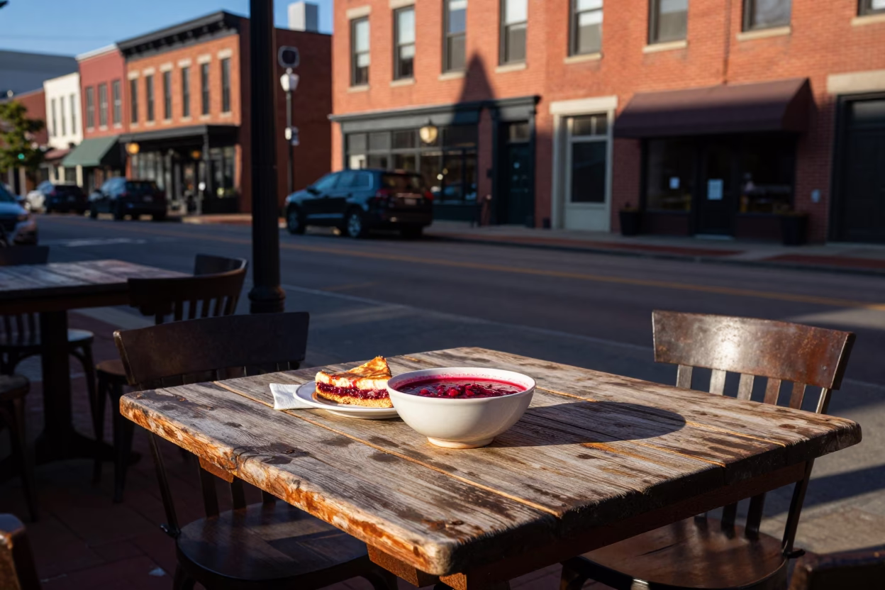 Nashville Tennessee First Light Street Scene with Rustic Dining Elements in in Nashville, Tennessee, United States