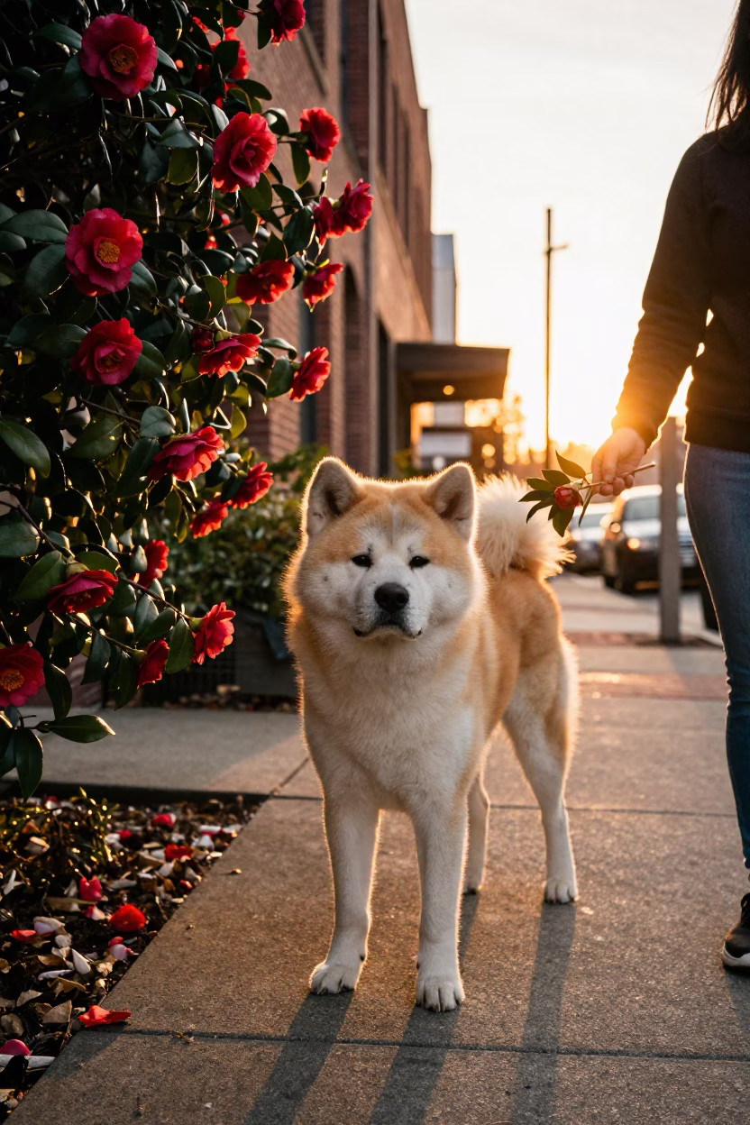 Nashville Tennessee Golden Hour Street Scene with Akita Dog and Camellia Bloom in in Nashville, Tennessee, United States