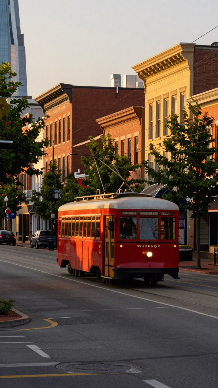 Nashville Tennessee Golden Hour Street Scene with Tramcar and Local Life in in Nashville, Tennessee, United States