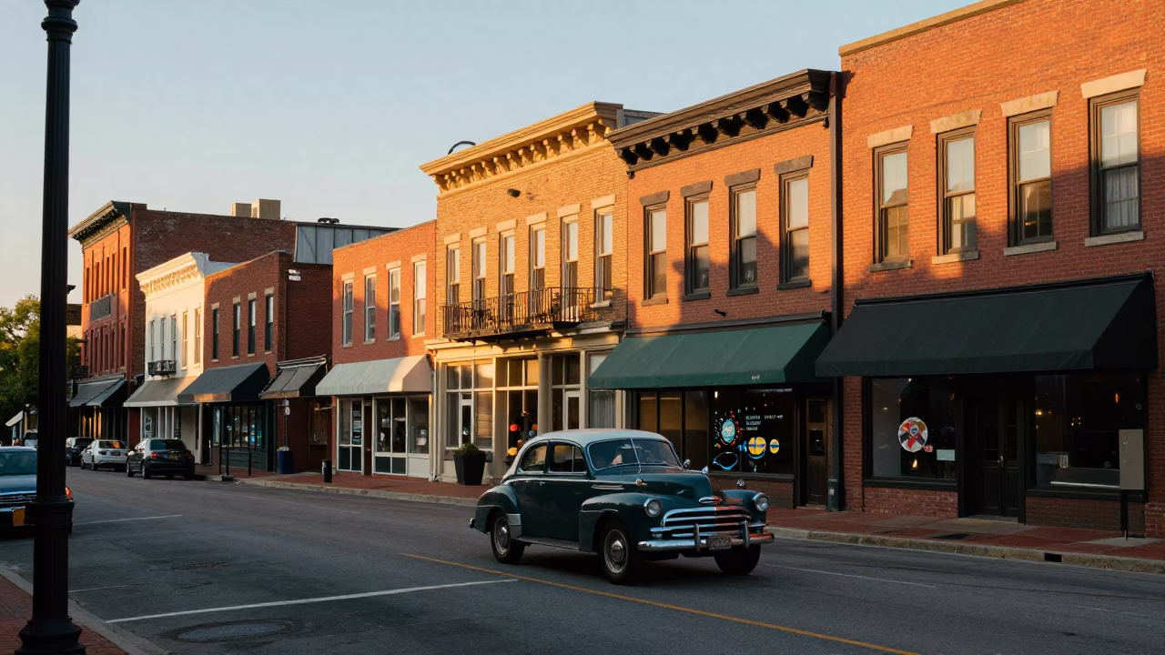 Nashville Tennessee Golden Hour Street Scene with Vintage Car and Historic Architecture in in Nashville, Tennessee, United States