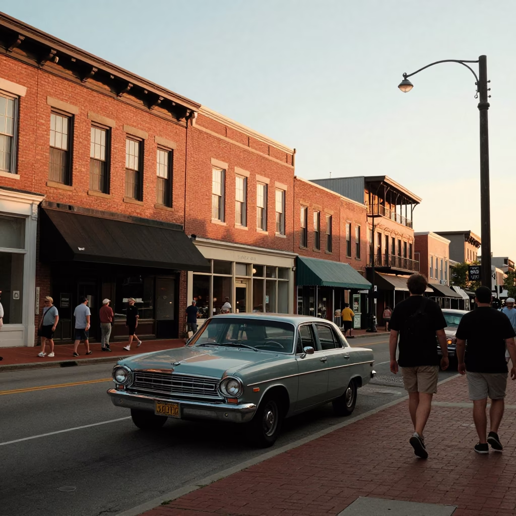 Nashville Tennessee Golden Hour Street Scene with Vintage Car and Local Pedestrians in in Nashville, Tennessee, United States