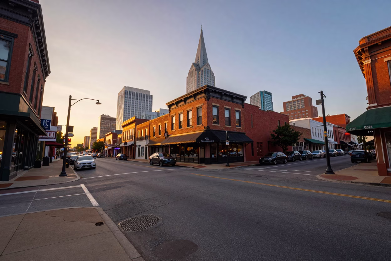 Nashville Tennessee Golden Hour Street Scene with Vintage Details in in Nashville, Tennessee, United States