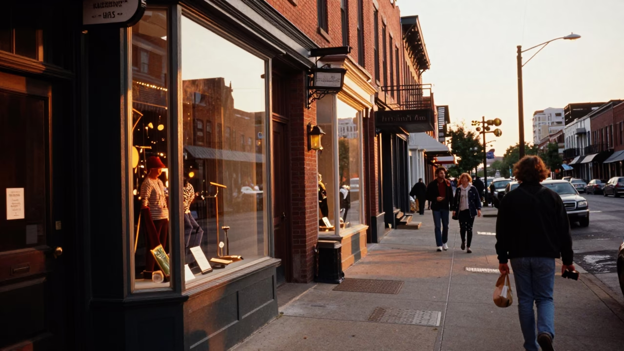 Nashville Tennessee Golden Hour Street Scene with Vintage Shop Window Display in in Nashville, Tennessee, United States