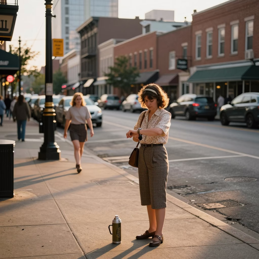 Nashville Tennessee Golden Hour Street Scene with Vintage Thermos and Local Pedestrians in in Nashville, Tennessee, United States