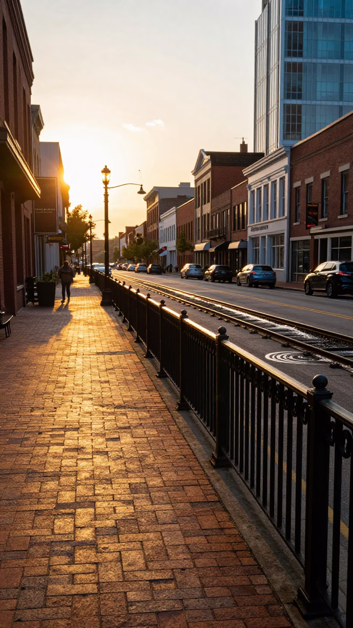 Nashville Tennessee Golden Hour Street Scene with Water Rings on Rail and Local Vibe in in Nashville, Tennessee, United States