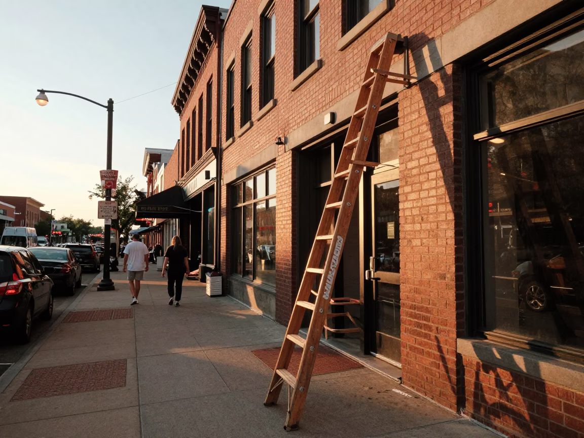 Nashville Tennessee Golden Hour Street Scene with Wooden Ladder and Local Activity in in Nashville, Tennessee, United States