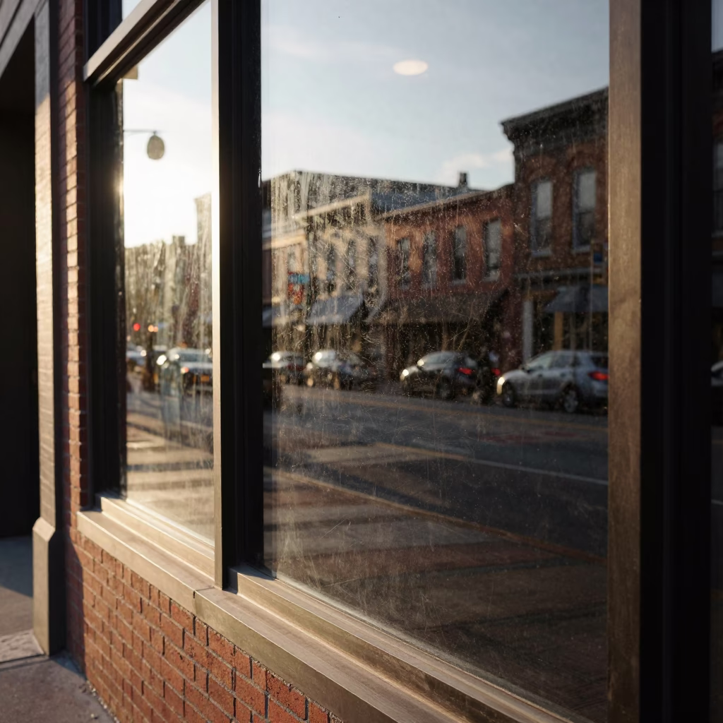 Nashville Tennessee Grease Sheen on Window Glass Reflecting Evening Street Life in in Nashville, Tennessee, United States