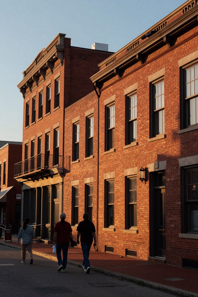 Nashville Tennessee honeyed evening light on historic brick buildings and street life in in Nashville, Tennessee, United States