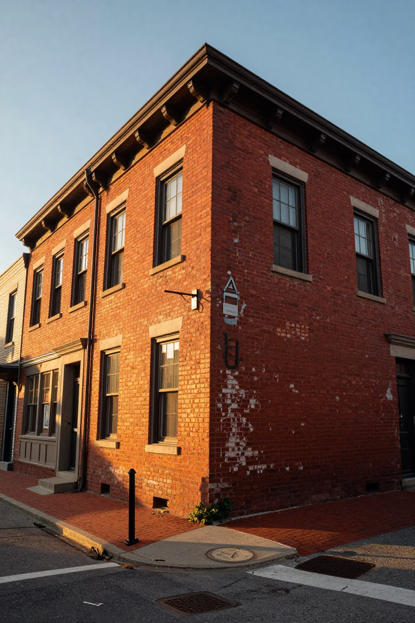 Nashville Tennessee Honeyed Evening Light on Historic Brick Street Corner in in Nashville, Tennessee, United States