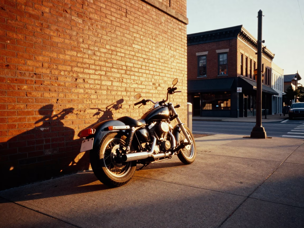 Nashville Tennessee Honeyed Evening Light Street Scene with Motorcycle and Local Details in in Nashville, Tennessee, United States