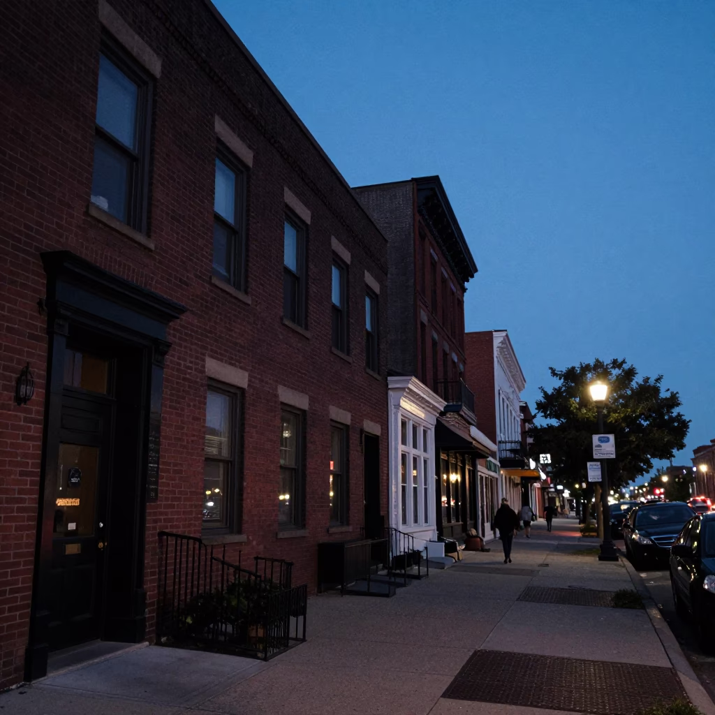 Nashville Tennessee indigo twilight street scene with brick buildings and streetlights in in Nashville, Tennessee, United States