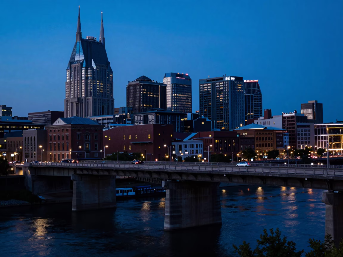 Nashville Tennessee Indigo Twilight Street Scene with Bridge Pier and Floodwater in in Nashville, Tennessee, United States