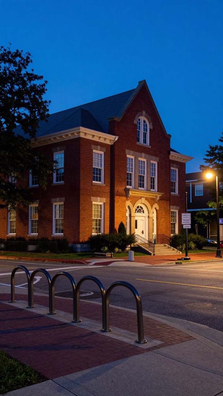 Nashville Tennessee Indigo Twilight Street Scene with Campus Bicycle Rack and Red Brick Architecture in in Nashville, Tennessee, United States