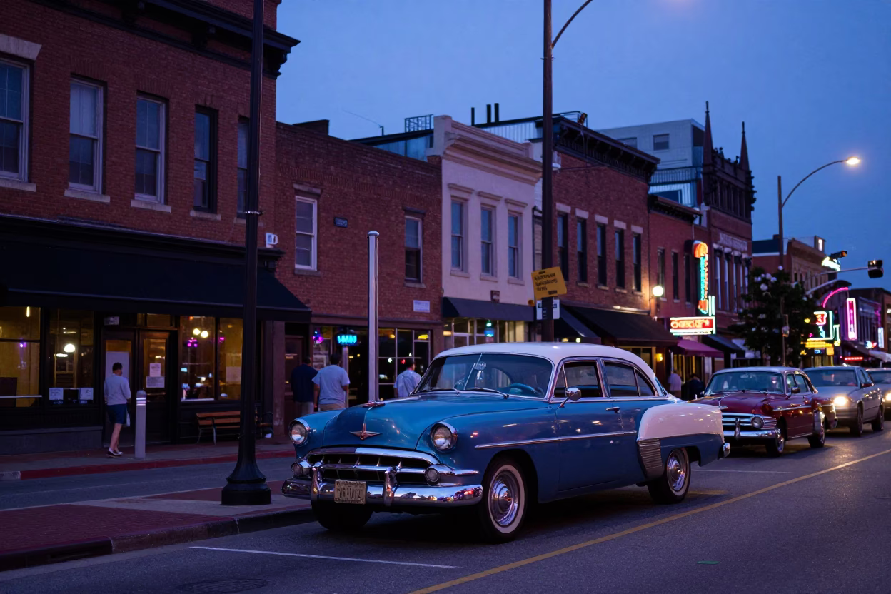 Nashville Tennessee Indigo Twilight Street Scene with Classic Cars and Neon Signs in in Nashville, Tennessee, United States