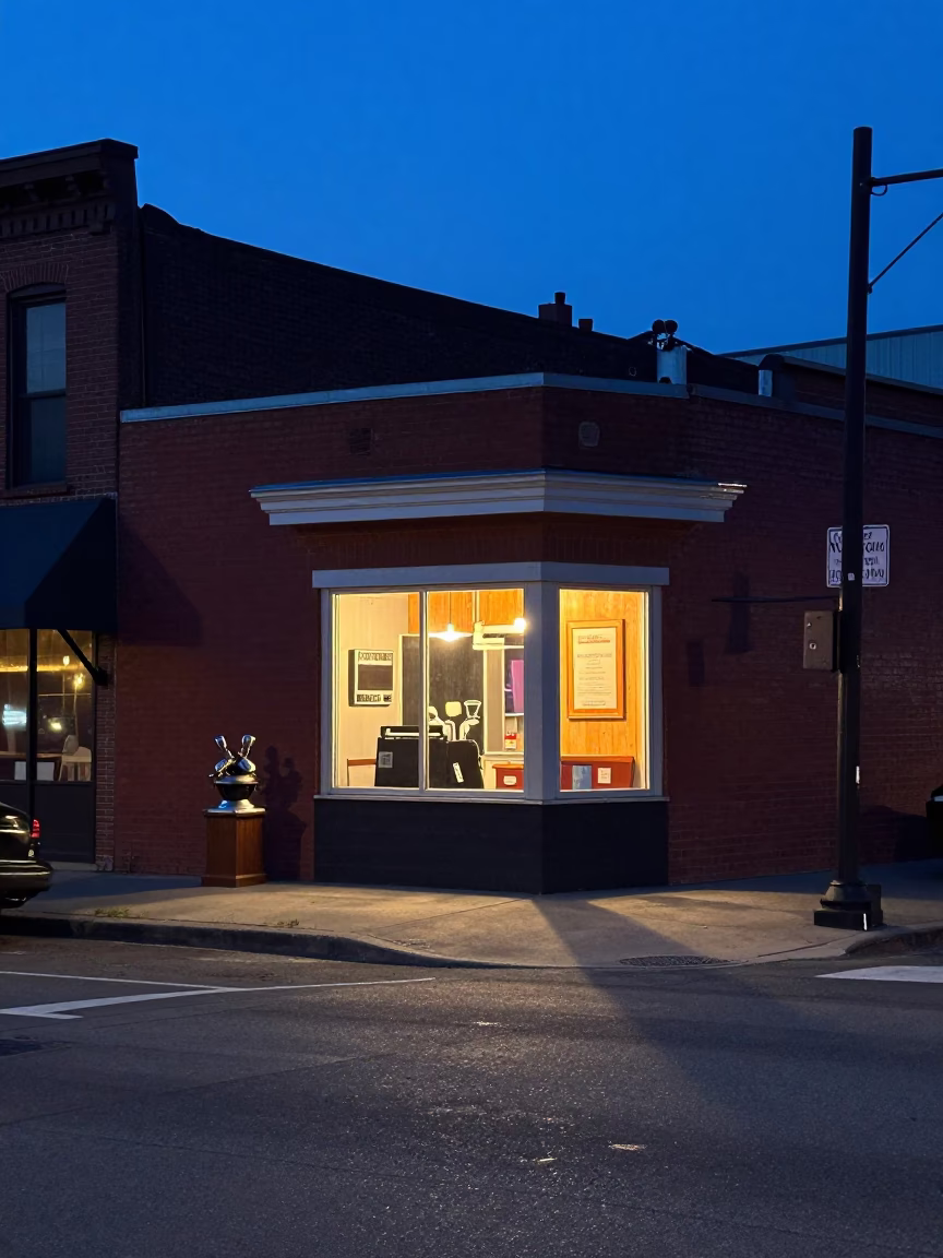 Nashville Tennessee Indigo Twilight Street Scene with Coffee Grinder and Desk Lamp in in Nashville, Tennessee, United States