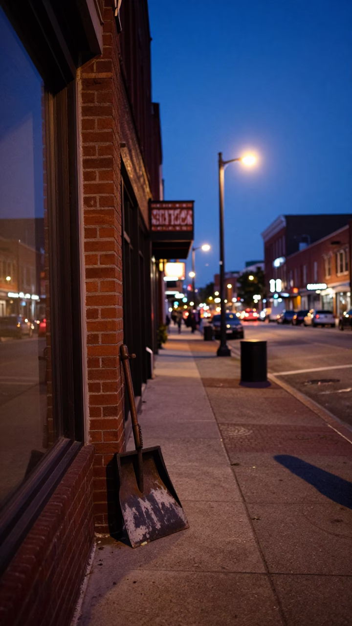 Nashville Tennessee indigo twilight street scene with local storefront details in in Nashville, Tennessee, United States